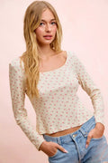 BiBi Floral Printed Spandex Jersey Long Sleeve Top - Desert Sunday