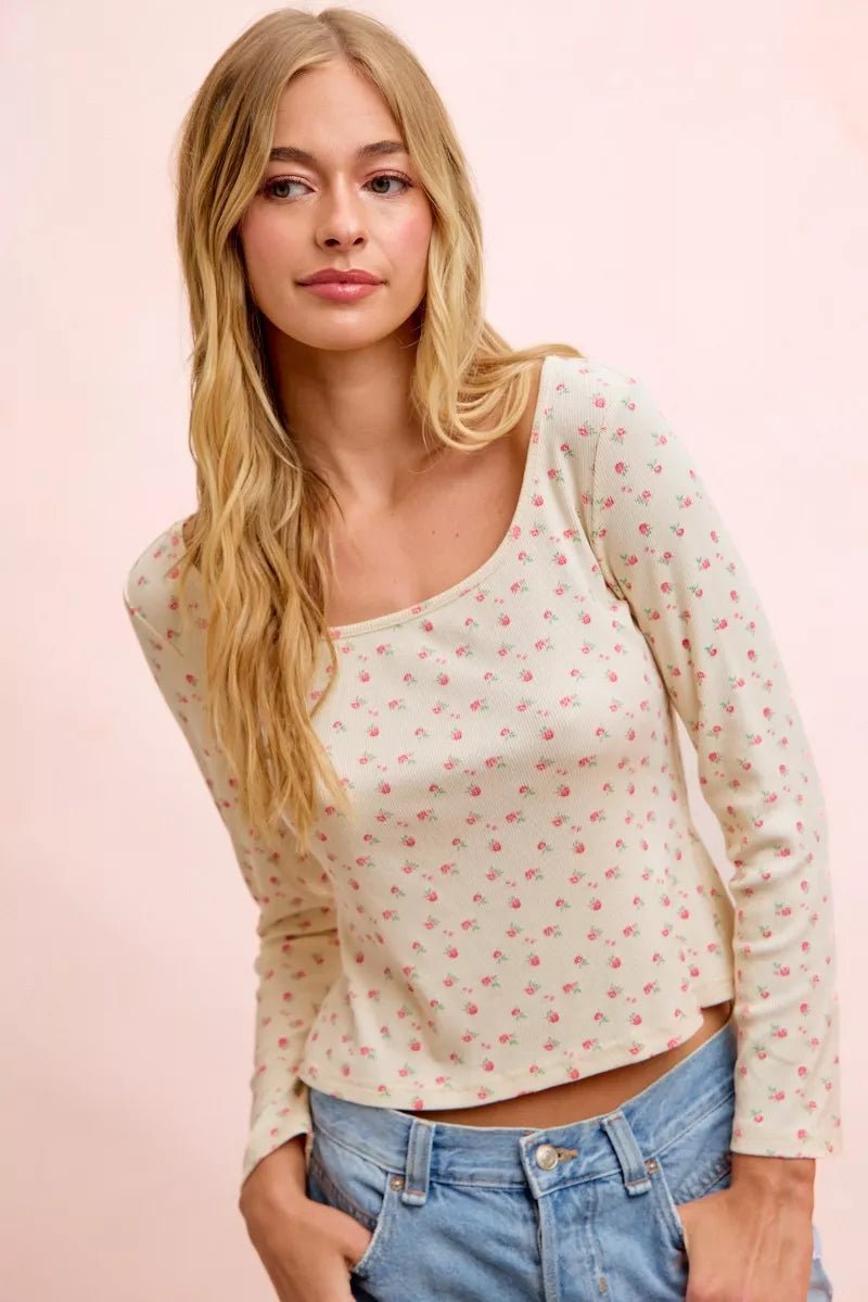 BiBi Floral Printed Spandex Jersey Long Sleeve Top - Desert Sunday