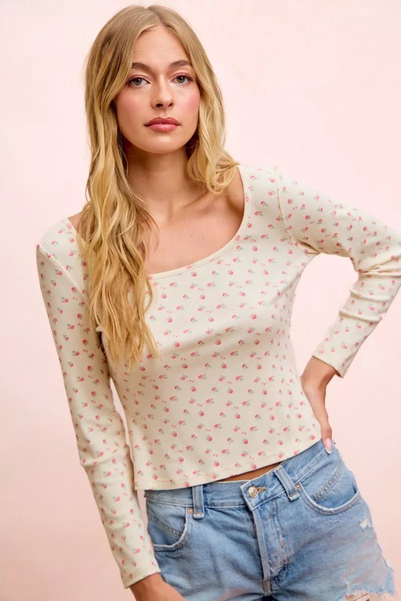 BiBi Floral Printed Spandex Jersey Long Sleeve Top - Desert Sunday