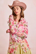 BiBi Floral Shrried Detail Button Up Mesh Cardigan Top - Desert Sunday