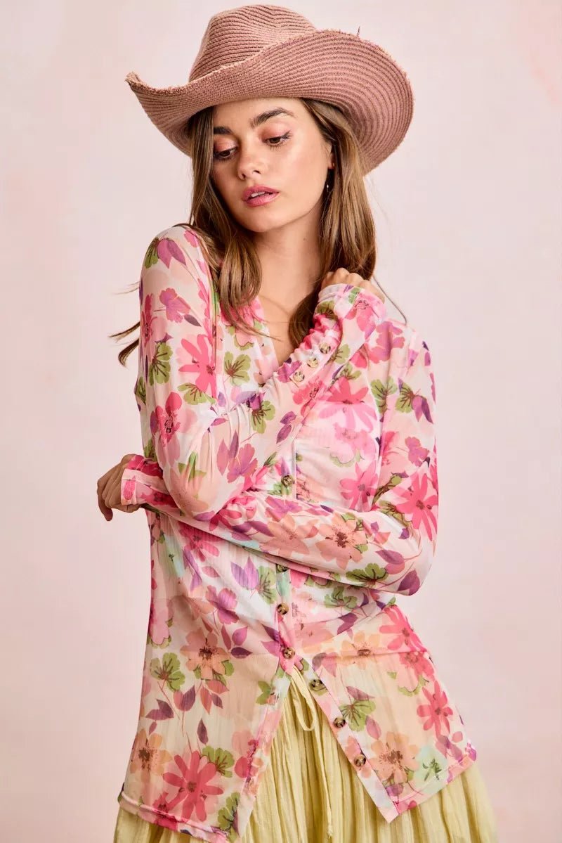 BiBi Floral Shrried Detail Button Up Mesh Cardigan Top - Desert Sunday