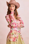 BiBi Floral Shrried Detail Button Up Mesh Cardigan Top - Desert Sunday