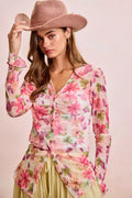 BiBi Floral Shrried Detail Button Up Mesh Cardigan Top - Desert Sunday