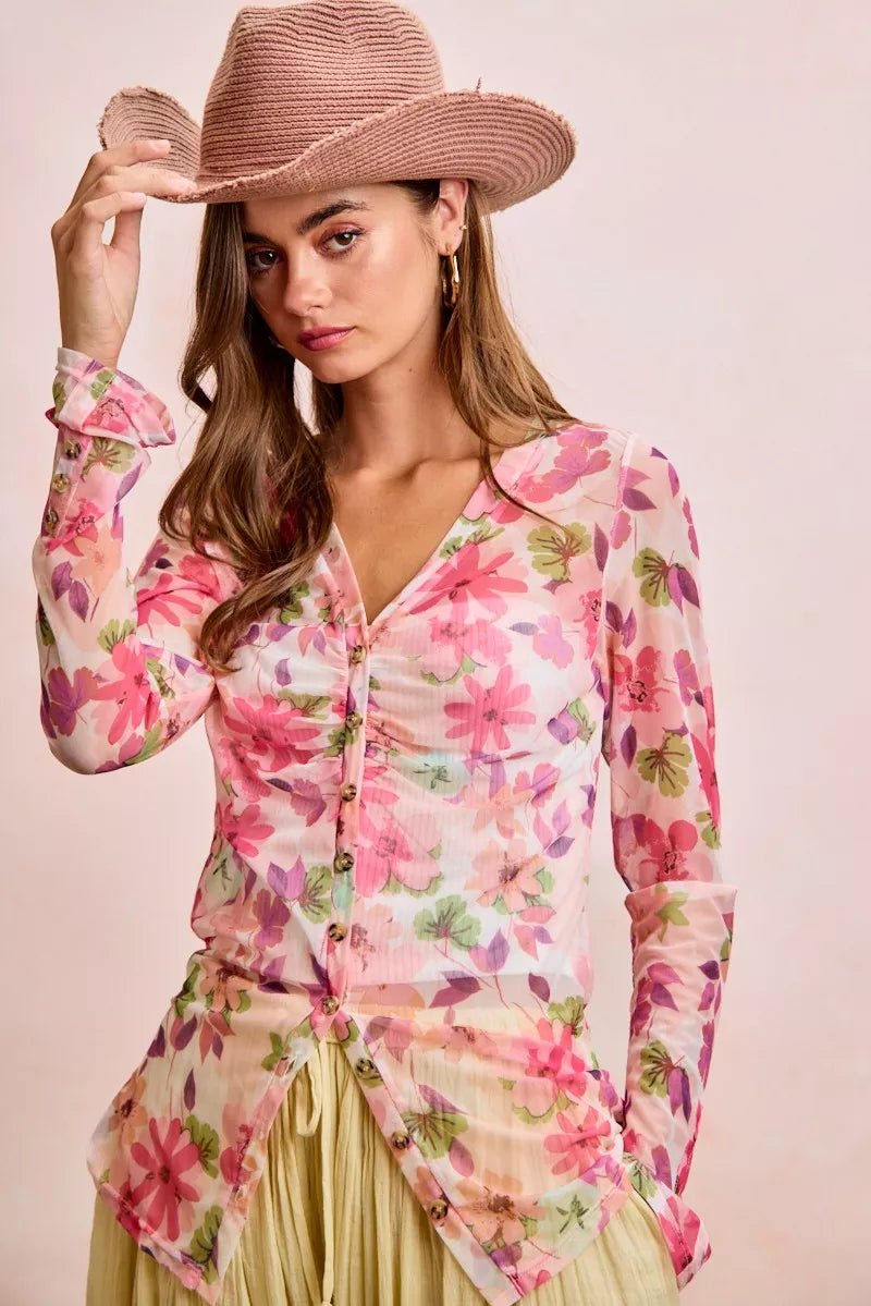 BiBi Floral Shrried Detail Button Up Mesh Cardigan Top - Desert Sunday
