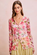 BiBi Floral Shrried Detail Button Up Mesh Cardigan Top - Desert Sunday