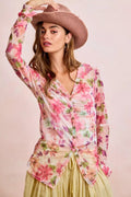 BiBi Floral Shrried Detail Button Up Mesh Cardigan Top - Desert Sunday