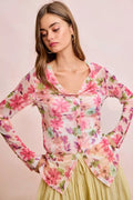 BiBi Floral Shrried Detail Button Up Mesh Cardigan Top - Desert Sunday