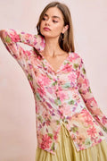 BiBi Floral Shrried Detail Button Up Mesh Cardigan Top - Desert Sunday