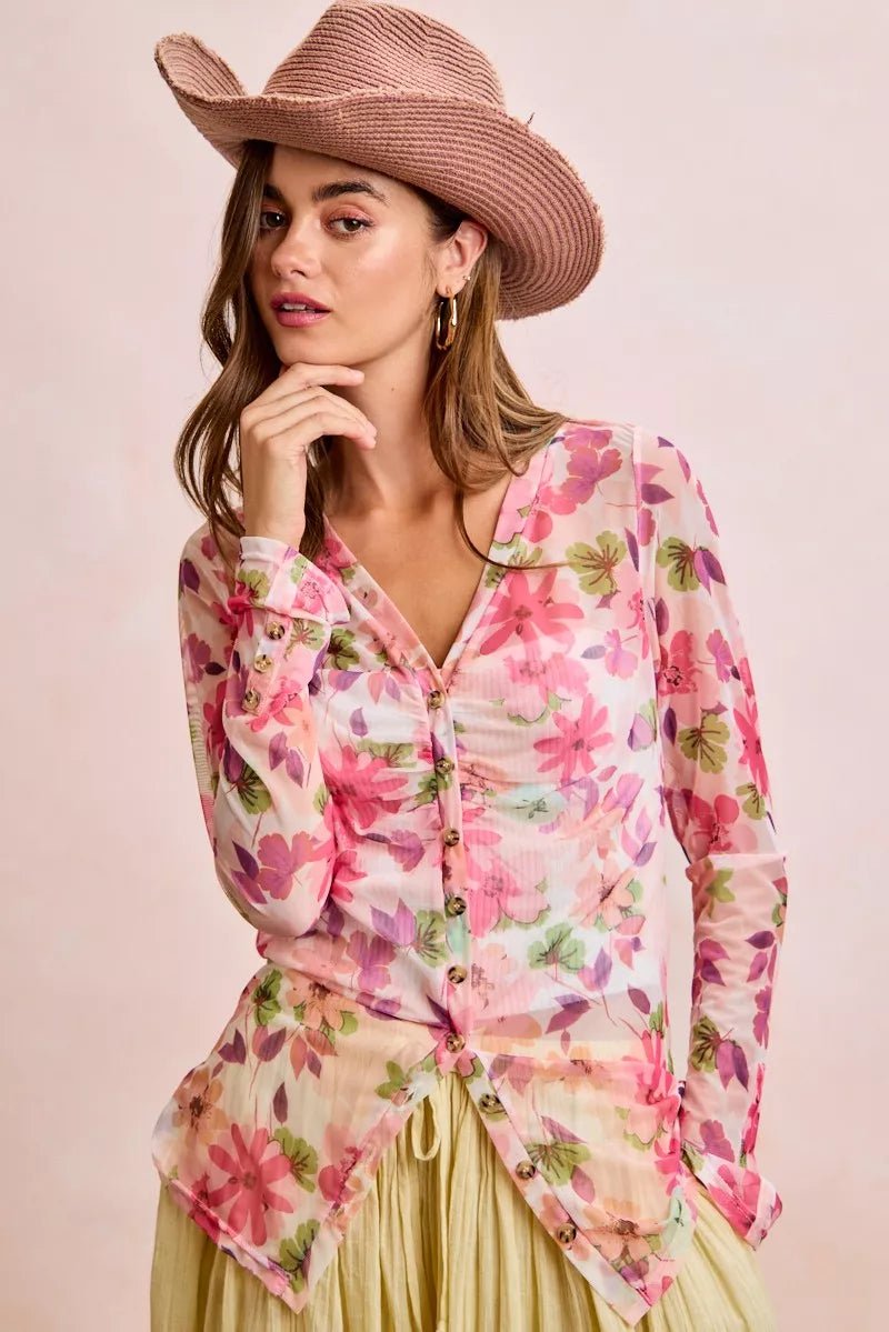 BiBi Floral Shrried Detail Button Up Mesh Cardigan Top - Desert Sunday