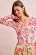 BiBi Floral Shrried Detail Button Up Mesh Cardigan Top - Desert Sunday