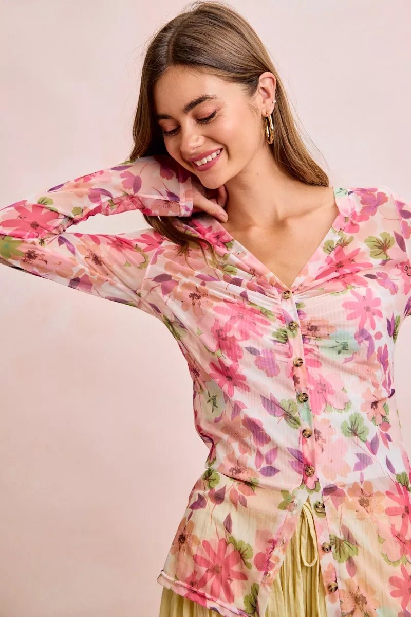 BiBi Floral Shrried Detail Button Up Mesh Cardigan Top - Desert Sunday