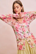BiBi Floral Shrried Detail Button Up Mesh Cardigan Top - Desert Sunday