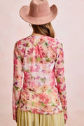 BiBi Floral Shrried Detail Button Up Mesh Cardigan Top - Desert Sunday