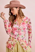 BiBi Floral Shrried Detail Button Up Mesh Cardigan Top - Desert Sunday