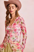 BiBi Floral Shrried Detail Button Up Mesh Cardigan Top - Desert Sunday