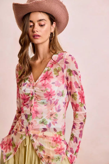 BiBi Floral Shrried Detail Button Up Mesh Cardigan Top - Desert Sunday
