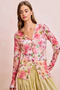 BiBi Floral Shrried Detail Button Up Mesh Cardigan Top - Desert Sunday