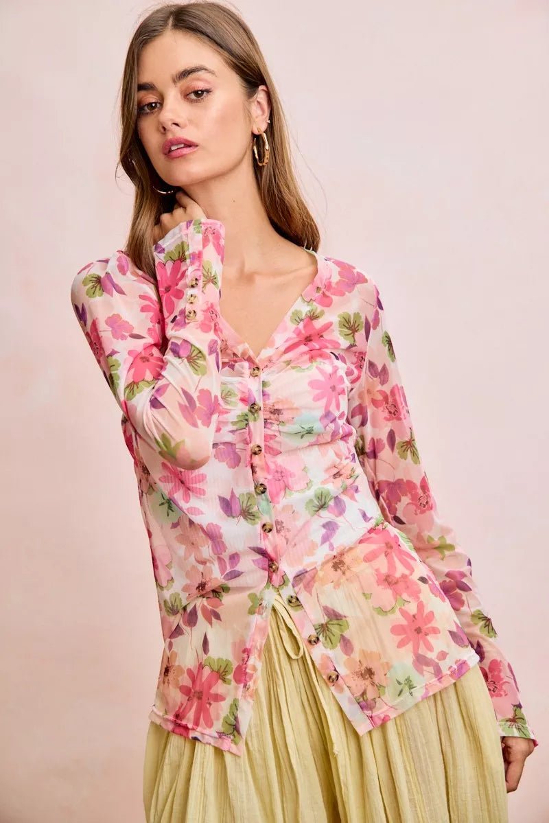 BiBi Floral Shrried Detail Button Up Mesh Cardigan Top - Desert Sunday