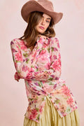 BiBi Floral Shrried Detail Button Up Mesh Cardigan Top - Desert Sunday