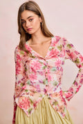 BiBi Floral Shrried Detail Button Up Mesh Cardigan Top - Desert Sunday