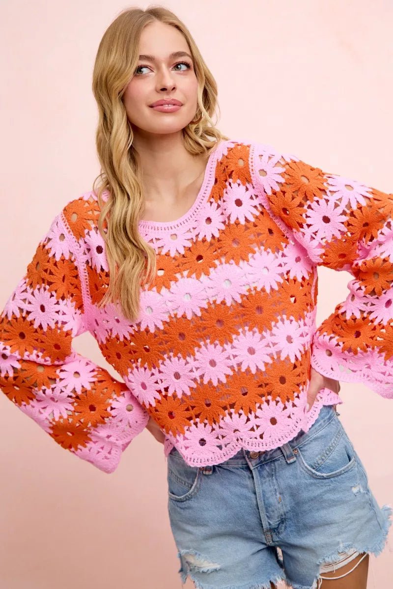 BiBi Flower Crochet Knit Top - Desert Sunday
