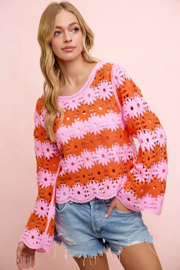 BiBi Flower Crochet Knit Top - Desert Sunday