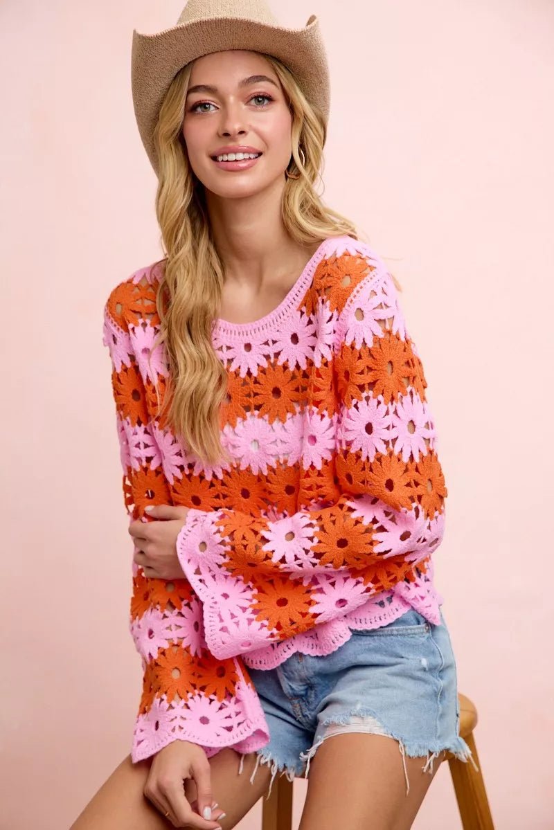 BiBi Flower Crochet Knit Top - Desert Sunday