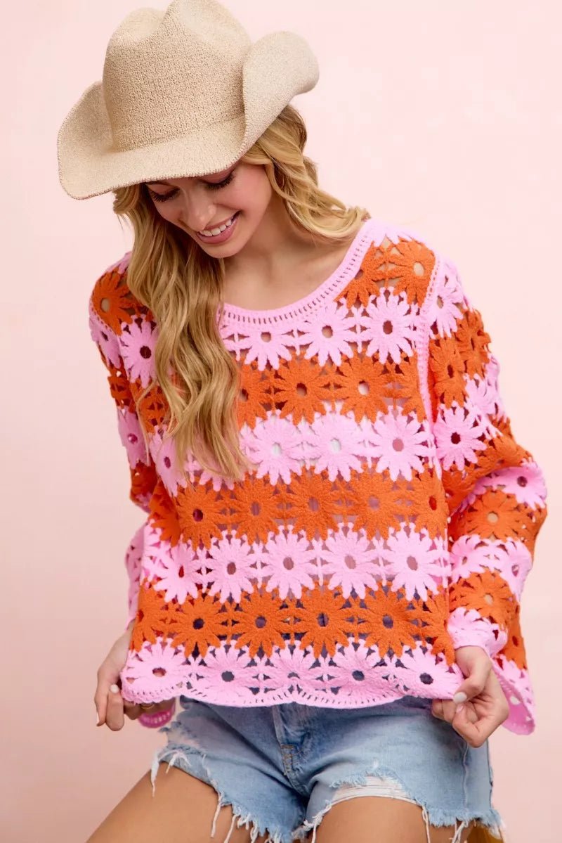 BiBi Flower Crochet Knit Top - Desert Sunday