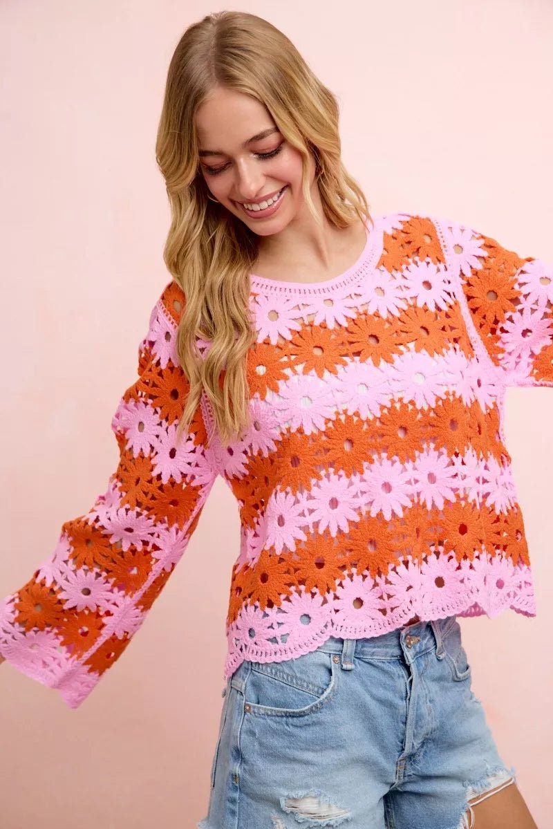 BiBi Flower Crochet Knit Top - Desert Sunday