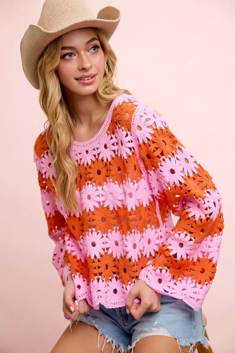 BiBi Flower Crochet Knit Top - Desert Sunday