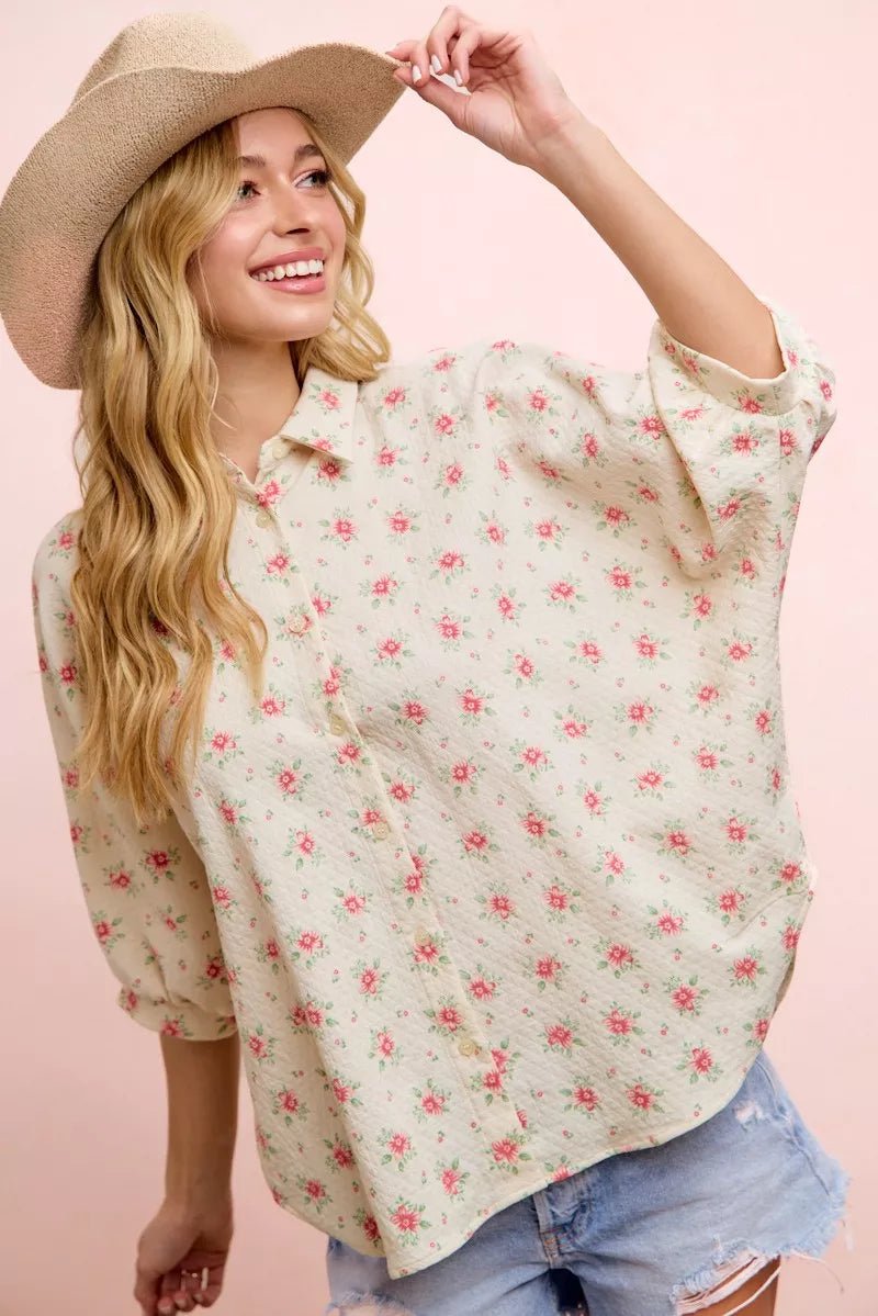 BiBi Flower Printed Short Dolman Blouse Top - Desert Sunday