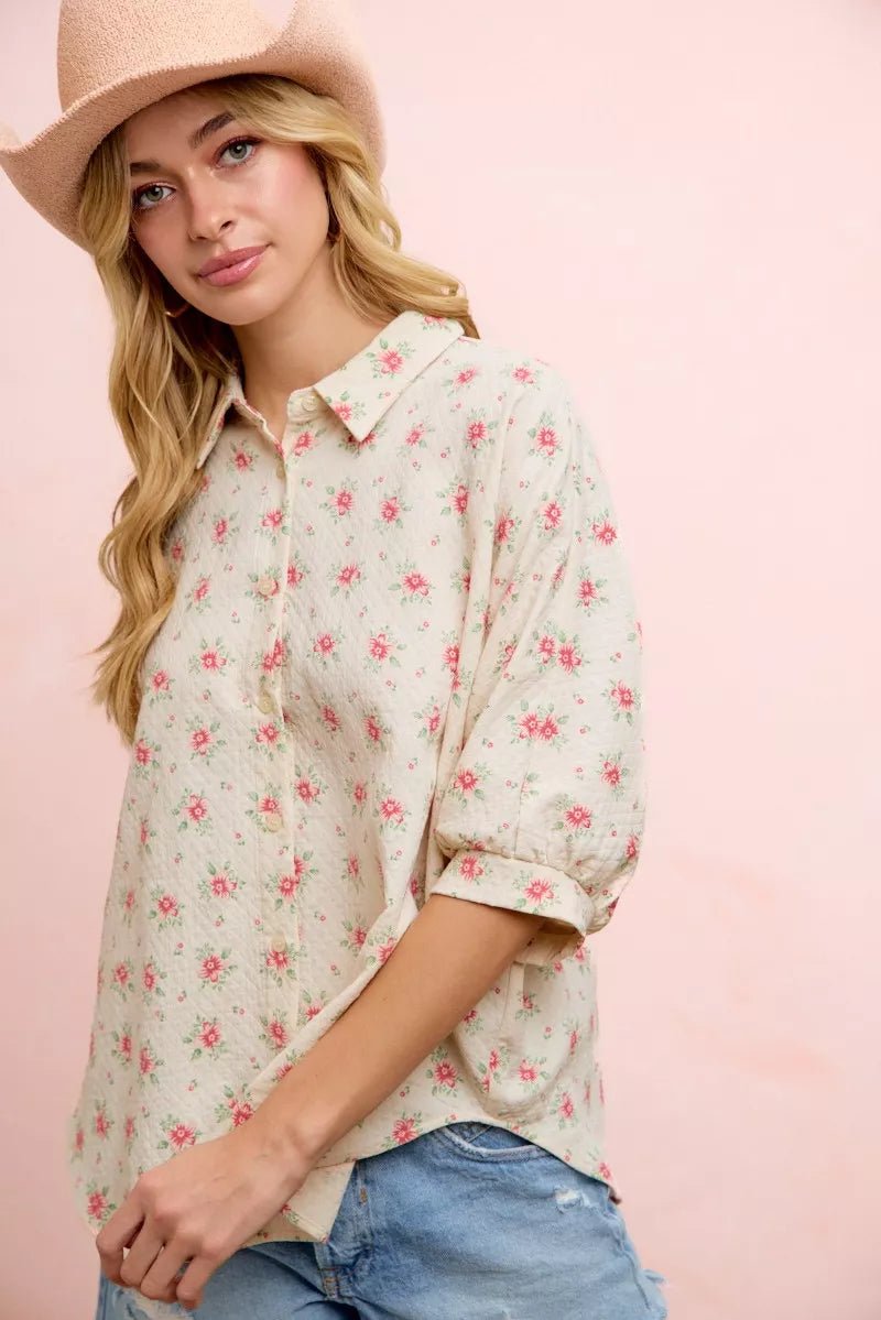 BiBi Flower Printed Short Dolman Blouse Top - Desert Sunday