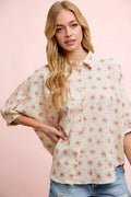 BiBi Flower Printed Short Dolman Blouse Top - Desert Sunday