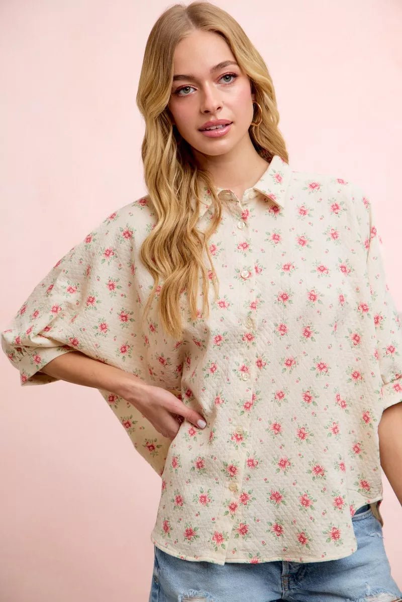 BiBi Flower Printed Short Dolman Blouse Top - Desert Sunday