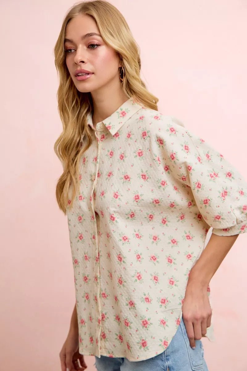 BiBi Flower Printed Short Dolman Blouse Top - Desert Sunday