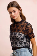 BiBi High Neckline Short Sleeves Bow Pattern Mesh Top - Desert Sunday