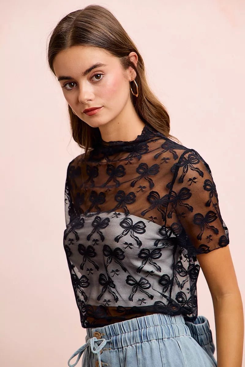 BiBi High Neckline Short Sleeves Bow Pattern Mesh Top - Desert Sunday