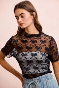 BiBi High Neckline Short Sleeves Bow Pattern Mesh Top - Desert Sunday