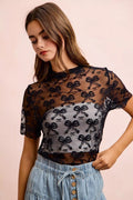 BiBi High Neckline Short Sleeves Bow Pattern Mesh Top - Desert Sunday