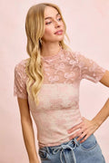 BiBi High Neckline Short Sleeves Bow Pattern Mesh Top - Desert Sunday