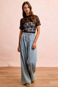 BiBi High Neckline Short Sleeves Bow Pattern Mesh Top - Desert Sunday