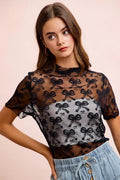 BiBi High Neckline Short Sleeves Bow Pattern Mesh Top - Desert Sunday
