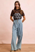 BiBi High Neckline Short Sleeves Bow Pattern Mesh Top - Desert Sunday
