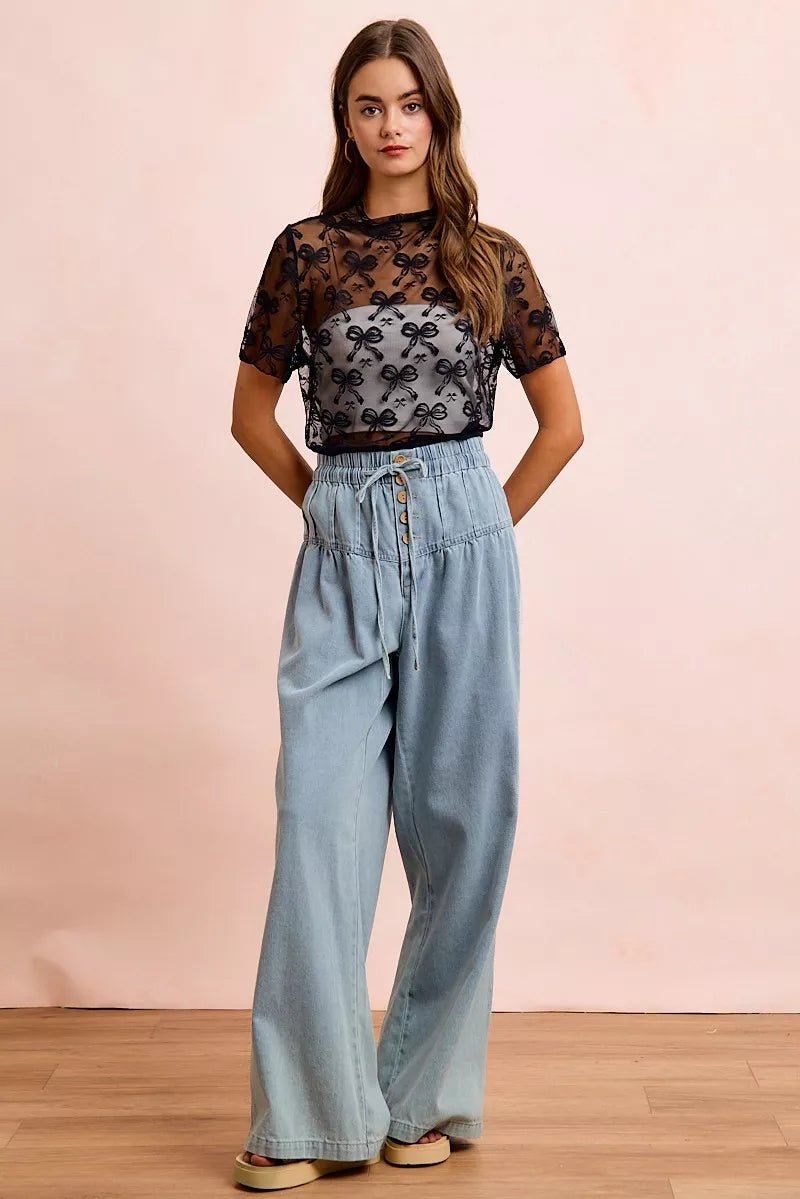 BiBi High Neckline Short Sleeves Bow Pattern Mesh Top - Desert Sunday