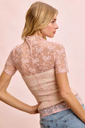 BiBi High Neckline Short Sleeves Bow Pattern Mesh Top - Desert Sunday