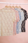 BiBi High Neckline Short Sleeves Bow Pattern Mesh Top - Desert Sunday