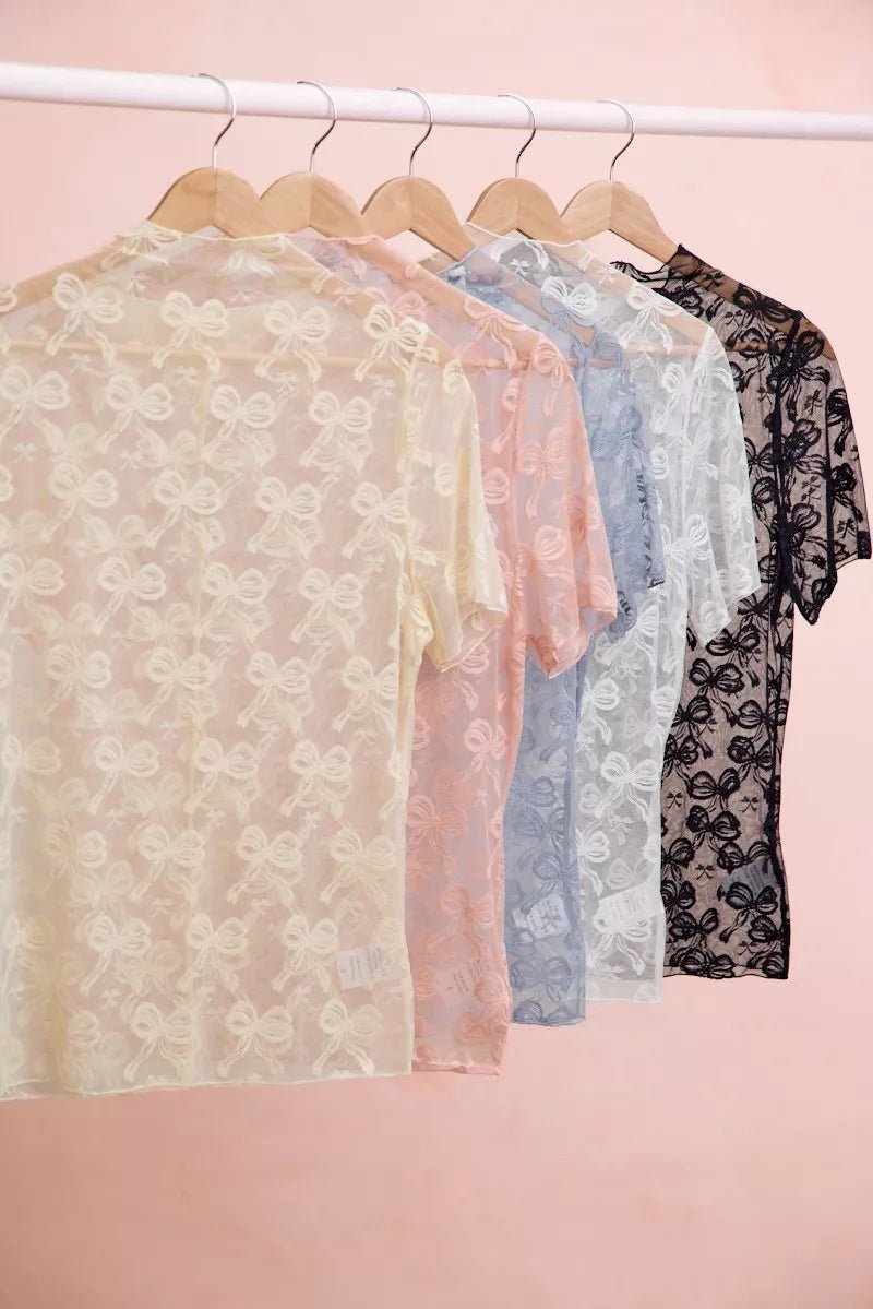 BiBi High Neckline Short Sleeves Bow Pattern Mesh Top - Desert Sunday