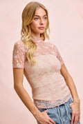 BiBi High Neckline Short Sleeves Bow Pattern Mesh Top - Desert Sunday