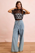 BiBi High Neckline Short Sleeves Bow Pattern Mesh Top - Desert Sunday
