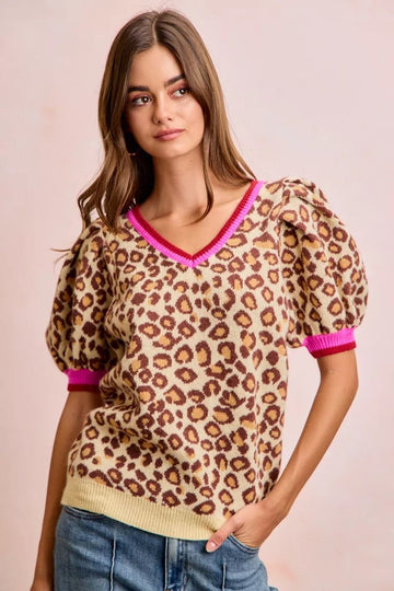 BiBi Leopard Pattern Puff Sleeve V-neck Sweater Top - Desert Sunday